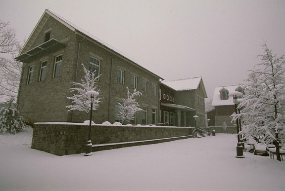 nieve, cubierto, patio, entrada, edificio