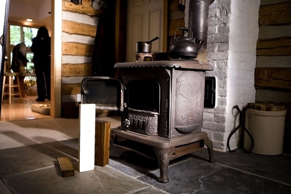 unique, old, cast, iron, stove, wood, coal, room
