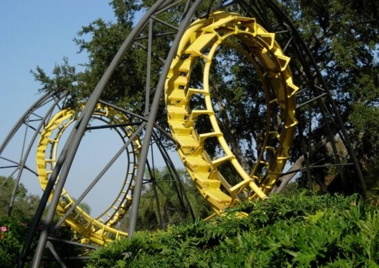 yellow, roller, coaster, track, set, trees