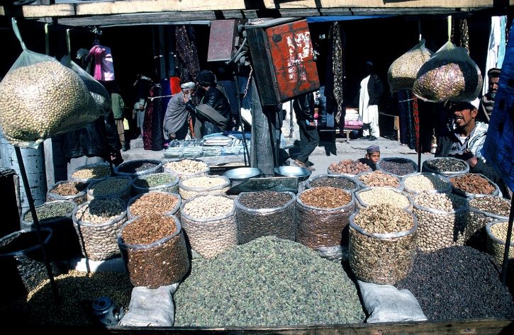afghanistan, market, vendor, large, dry, food, products, spices, sell