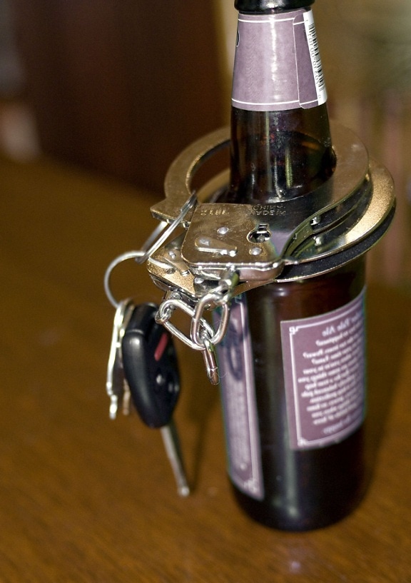 bottle, beer, neck, pair, handcuffs, set, car, keys