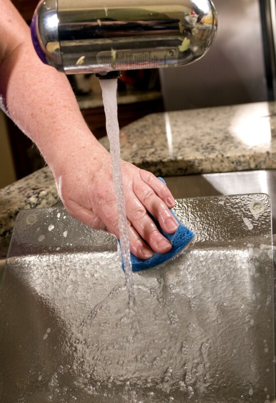cleaning, glass, cutting, board, kitchen, sink, soapy, sponge