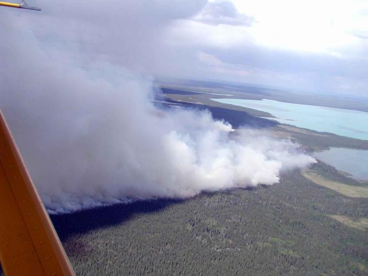 immense forêt, le feu, la fumée, le lac