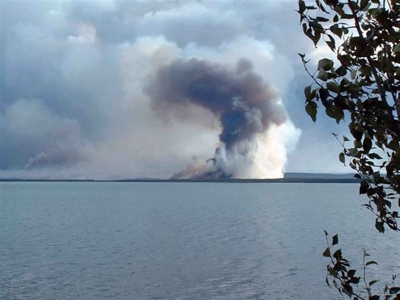 image, shows, smoke, rising, forest, lake