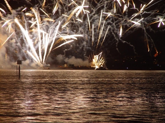 barcaças, lançamento, fogos de artifício, cisne, Rio