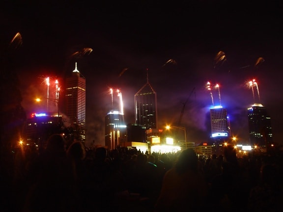 fireworks, launched, buildings