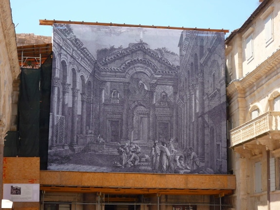 large, linen, painting, facade, building