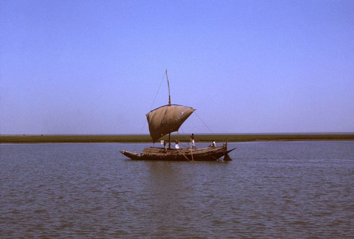vela, conduzida, barco, viajar, não identificado, Rio, país, Bangladesh