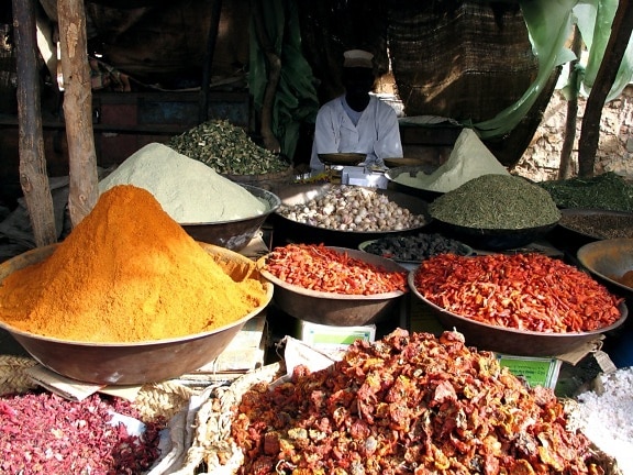 various, spices, herbs, market, Africa