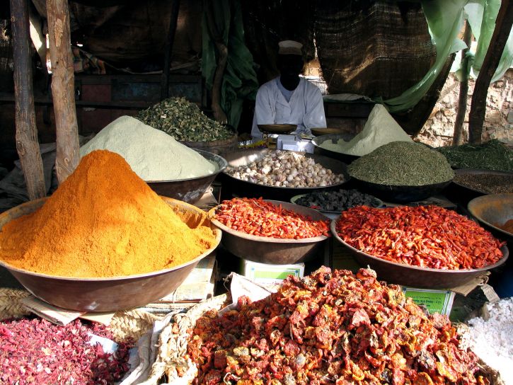 various, spices, herbs, market, Africa