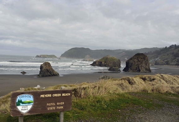 scenic, meyer, creek, beach, state, parks, sign, foreground