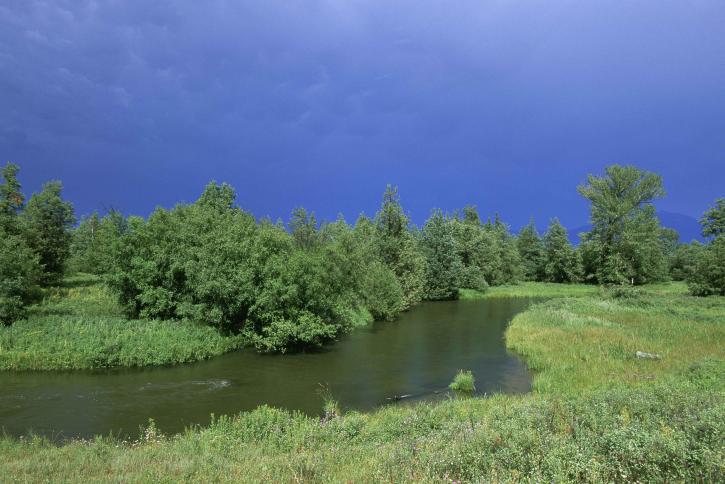 stream, meander, prairie, brush, storm, clouds, distance