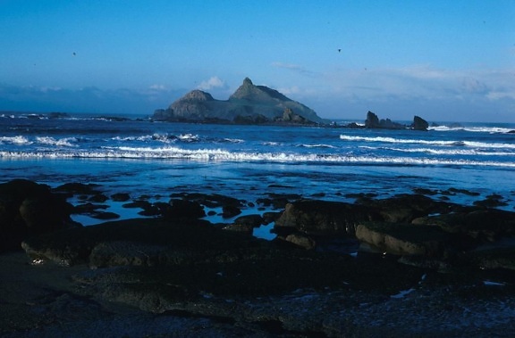 roche, plage, crépuscule, Californie