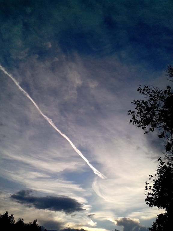 white, plane, trace, sky, dusk