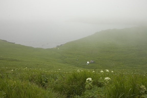 chowiet, island, camp, fog