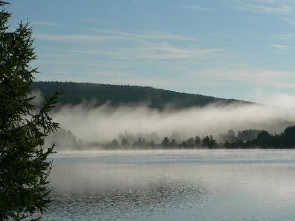 ομίχλη, λίμνη, πρωί