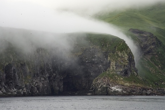 chagulak, île, Alaska, brouillard, horizon