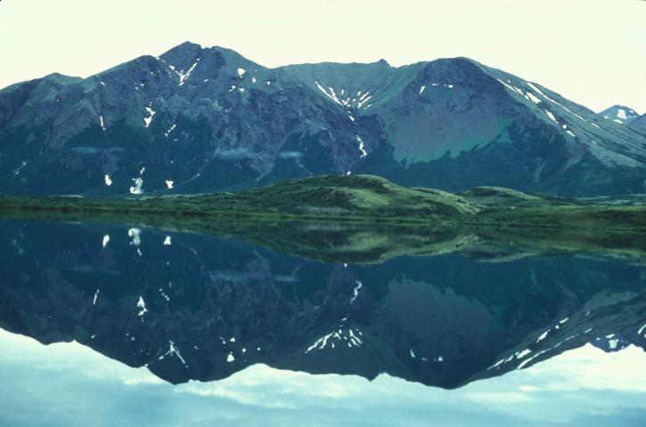 scenic, Togiak, lake, mountains, background, reflected, water
