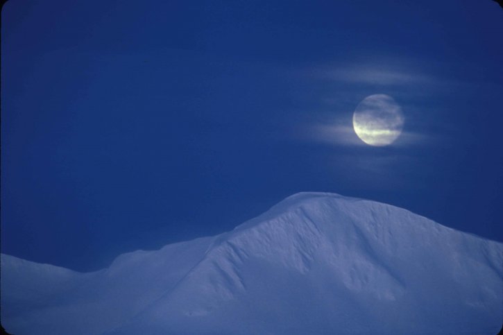 moonrise, snow, covered, mountains