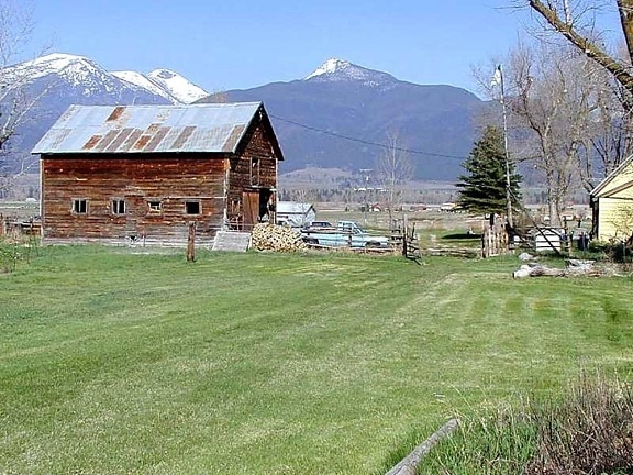 barn, grass, mountains, fence