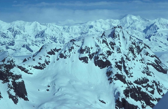 aerial, snow, covered, peaks