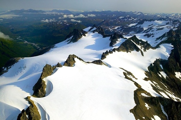 jagged, mountain, peaks, aerial perspective