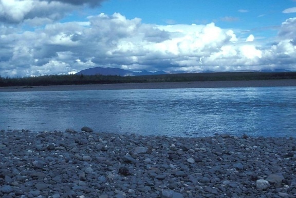 río, costa, grises, rocas, de cerca, foto
