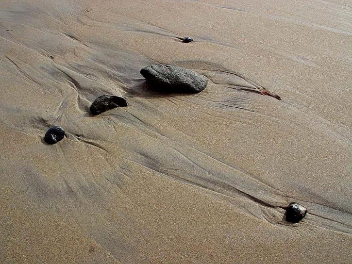 ranta, märkää hiekkaa, kiviä