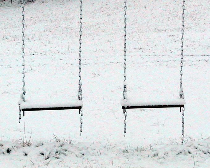 snow, covered, swings, waiting, spring