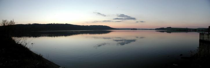 Hajnal, tó, naplemente, természet