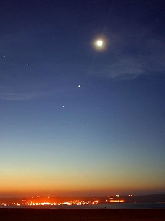 sunset, evening, Moon, stars