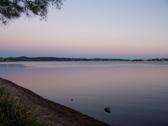 sunset, lake, light purple sky