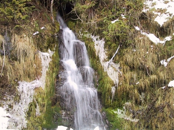small, waterfall, snowy, bank
