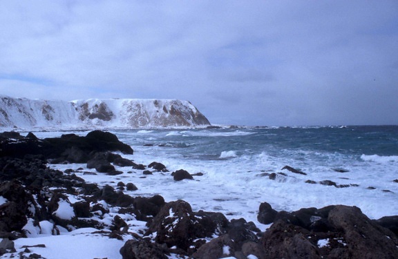 landscape, sea, waves, hitting, rocks, snow
