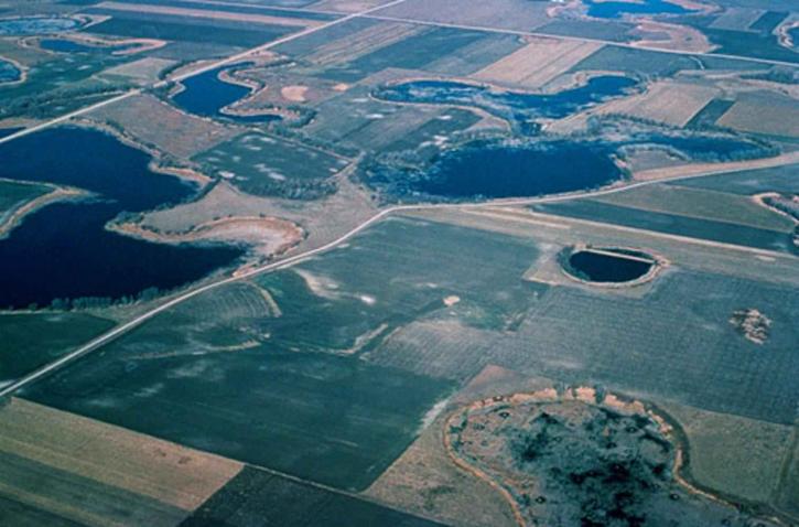Prairie, huller, vådområde, antenne perspektiv