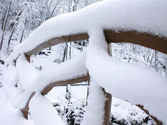 oude, houten, hek, bedekt, sneeuw