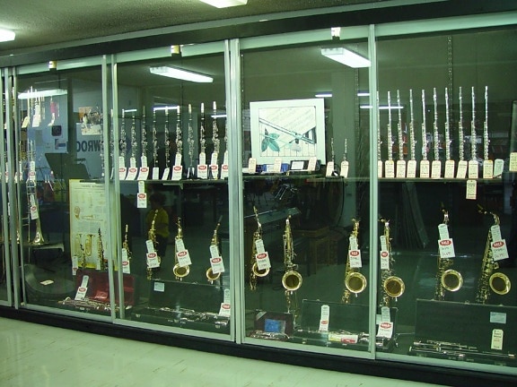 musikinstrumenter, display, kabinet