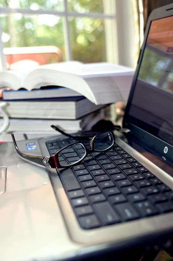 pair, eyeglasses, laptop, keyboard