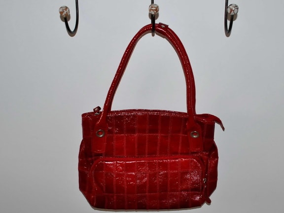 woman, red, handbag, hanging, hanger