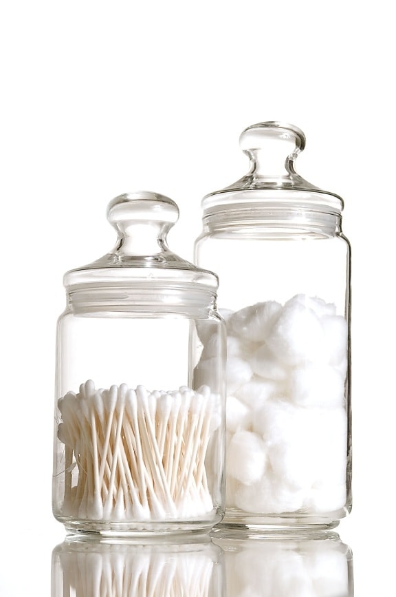 two, glass, jars, sterile, cotton, balls, tips