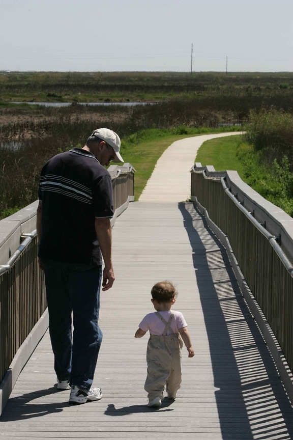 man, toddler, leisurely, walk, boardwalk