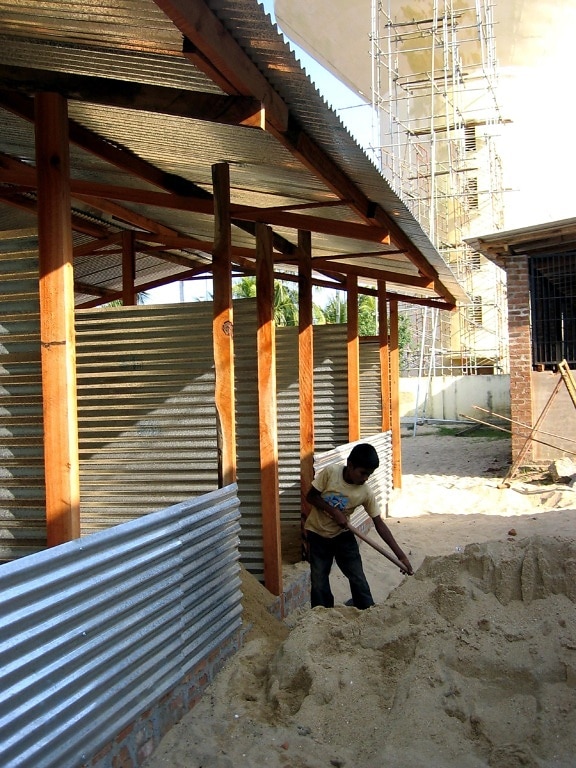 pojke, arbetar, hus, sand, projekt, Sri Lanka