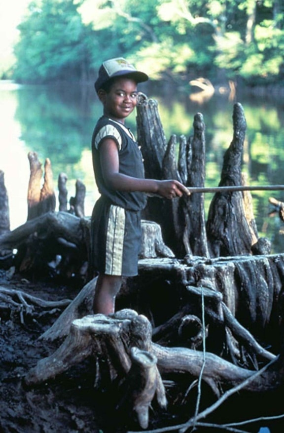 young boy, fishing, smile, face