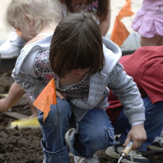 young girl, trowel, dig, hole, plants, pollinator, garden