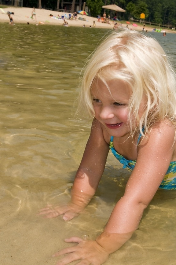 beautiful, young girl, wading, water