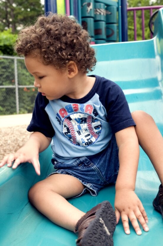 boy, sitting, slide, community, playground