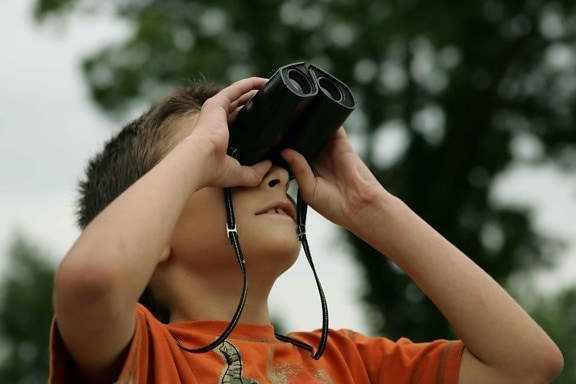 boy, watching, binoculars