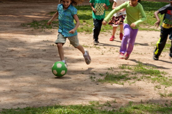 boys, girls, play, informal, game, soccer