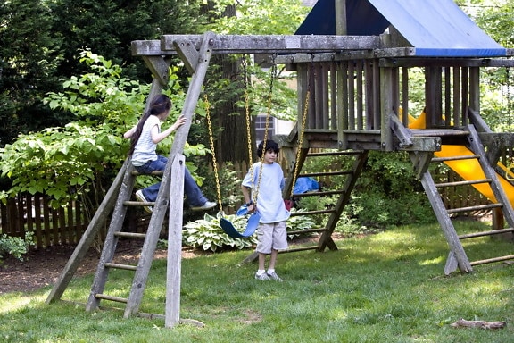 brown, haired, brother, sister, children, play, back, yard