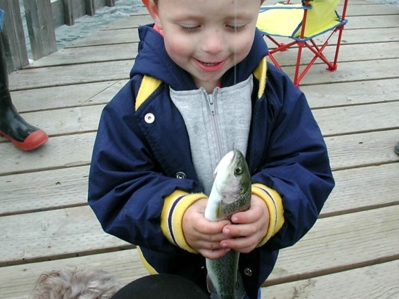 child, holding, fish, pier